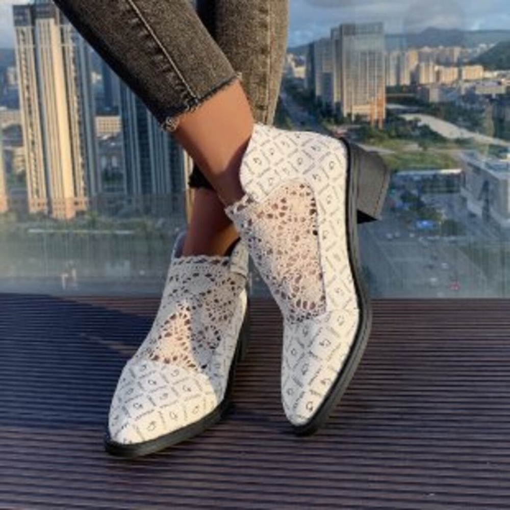 Crochet Knit Vegan Leather Block Heel Booties Pointed Toe Retro Victorian Shoes